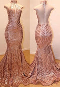 BMbride Glamorous High-Neck Sleeveless Sequins Mermaid Long Sequins Evening Gowns BMbride