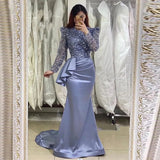 BMbride Glamorous Lavender Long Mermaid High Neck Beading Prom Dress With Long Sleeves BMbride