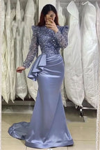 BMbride Glamorous Lavender Long Mermaid High Neck Beading Prom Dress With Long Sleeves BMbride