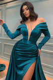 BMbride Glamorous Long A-line Off-the-shoulder V-neck Satin Prom Dress With Long Sleeves BMbride