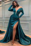 BMbride Glamorous Long A-line Off-the-shoulder V-neck Satin Prom Dress With Long Sleeves BMbride