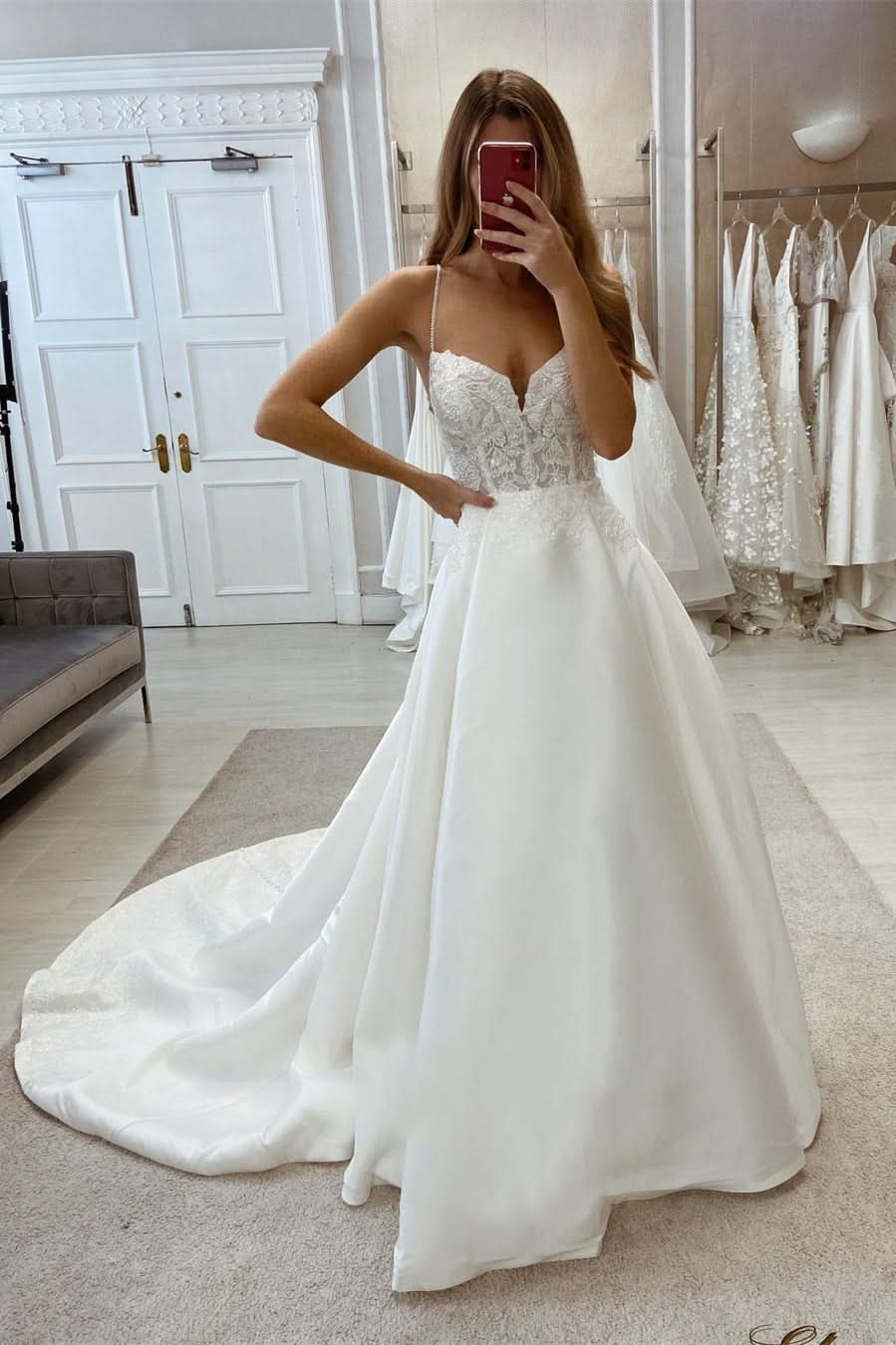 BMbride Glamorous Long A-line Sleeveless V-neck Satin Wedding Dress With Lace BMbride