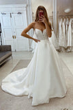 BMbride Glamorous Long A-line Sleeveless V-neck Satin Wedding Dress With Lace BMbride