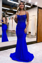 BMbride Glamorous Long Mermaid Backless Sleeveless Prom Dress With Lace BMbride