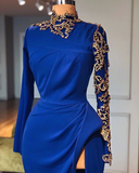 BMbride Glamorous Long Royal Blue High Neck Long Sleeves Lace Prom Dress With Slit BMbride