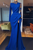 BMbride Glamorous Long Royal Blue High Neck Long Sleeves Lace Prom Dress With Slit BMbride