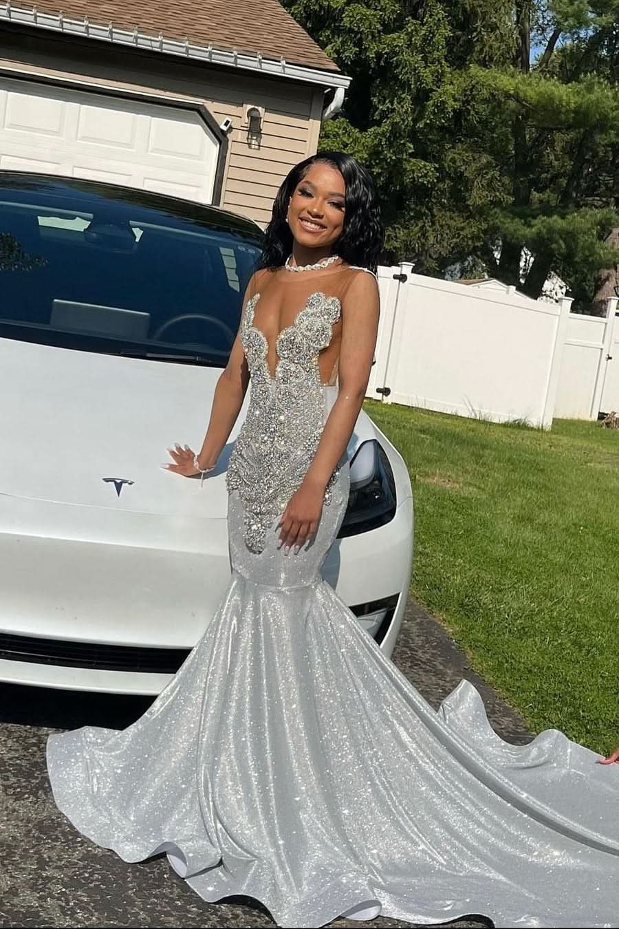 Glamorous Long Silver Mermaid Sequined Sleeveless Prom Dress With Intricate Lace BM bride