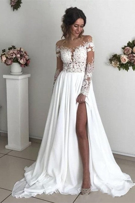 Glamorous Long Sleeve Lace Wedding Dresses | Chiffon Bridal Gowns With Slit BM bride