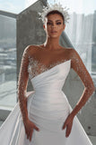 BMbride Glamorous Long White Long Sleeves Satin Crystal Wedding Dress With Detachable Train BMbride