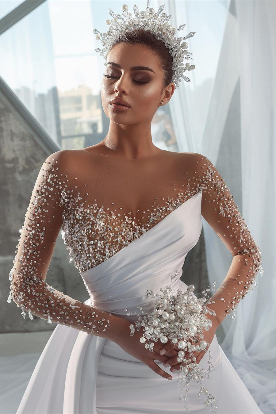 BMbride Glamorous Long White Long Sleeves Satin Crystal Wedding Dress With Detachable Train BMbride
