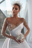 BMbride Glamorous Long White Long Sleeves Satin Crystal Wedding Dress With Detachable Train BMbride