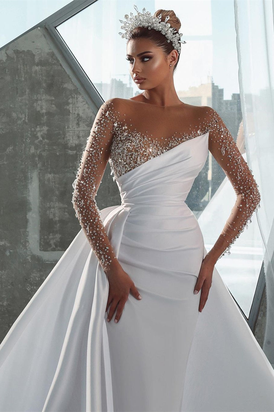 BMbride Glamorous Long White Long Sleeves Satin Crystal Wedding Dress With Detachable Train BMbride