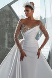 BMbride Glamorous Long White Long Sleeves Satin Crystal Wedding Dress With Detachable Train BMbride