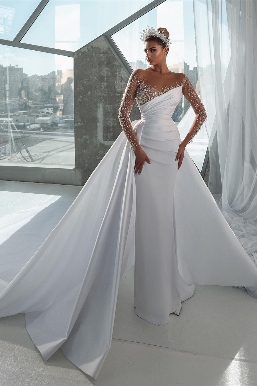 BMbride Glamorous Long White Long Sleeves Satin Crystal Wedding Dress With Detachable Train BMbride