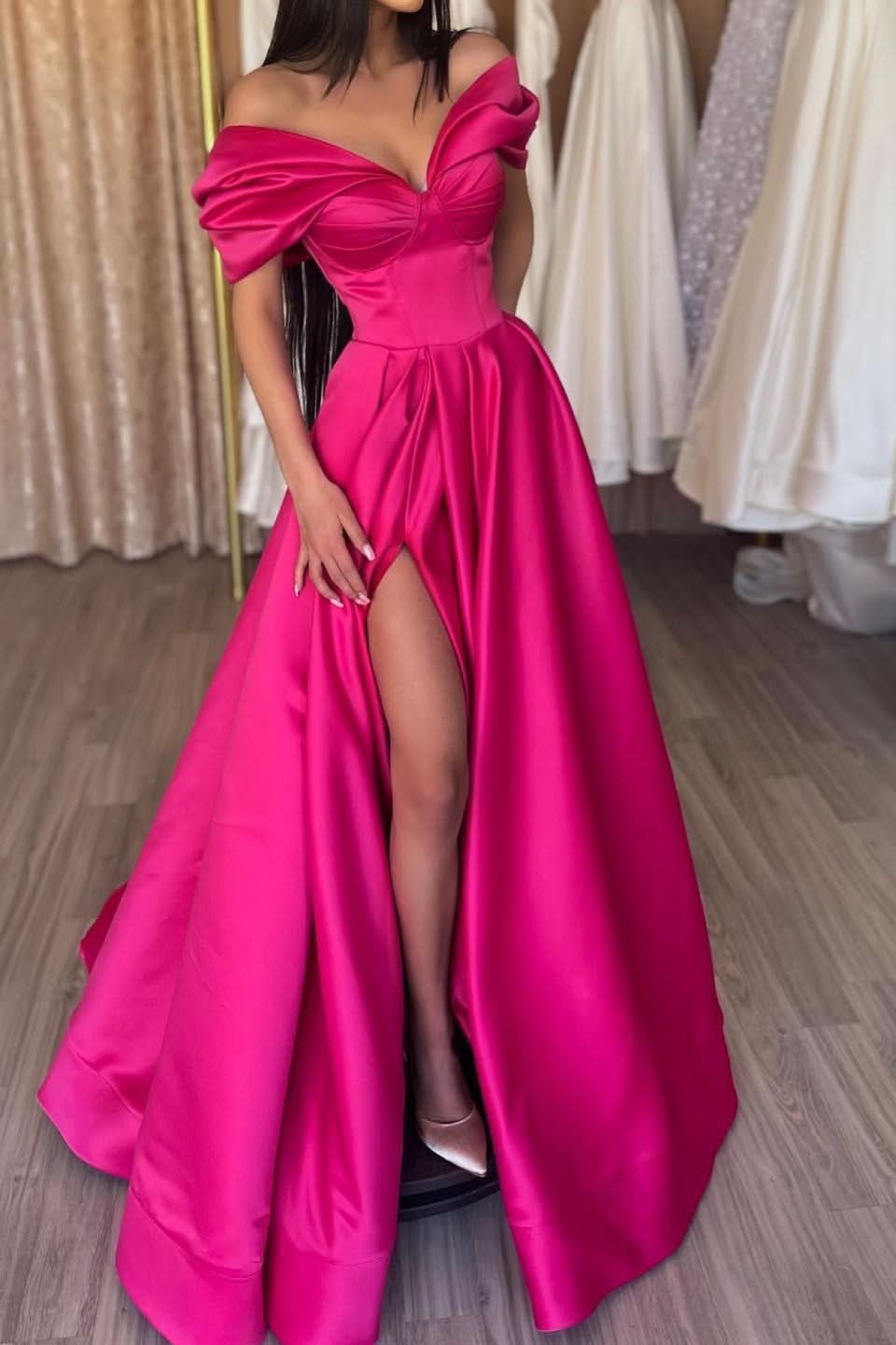BMbride Glamorous Off The Shoulder Split Ruffles A-Line Prom Dresses BMbride