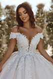 BMbride Glamorous Off-the-shoulder V-neck Appliques Lace A-line Wedding Dress BMbride