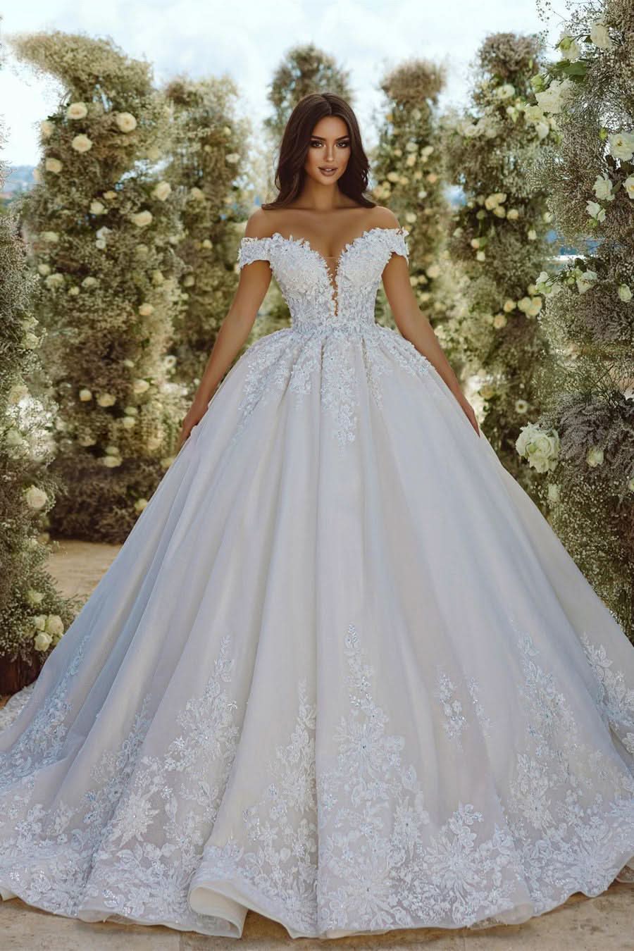 BMbride Glamorous Off-the-shoulder V-neck Appliques Lace A-line Wedding Dress BMbride