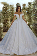 BMbride Glamorous Off-the-shoulder V-neck Appliques Lace A-line Wedding Dress BMbride
