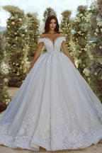 BMbride Glamorous Off-the-shoulder V-neck Appliques Lace A-line Wedding Dress BMbride