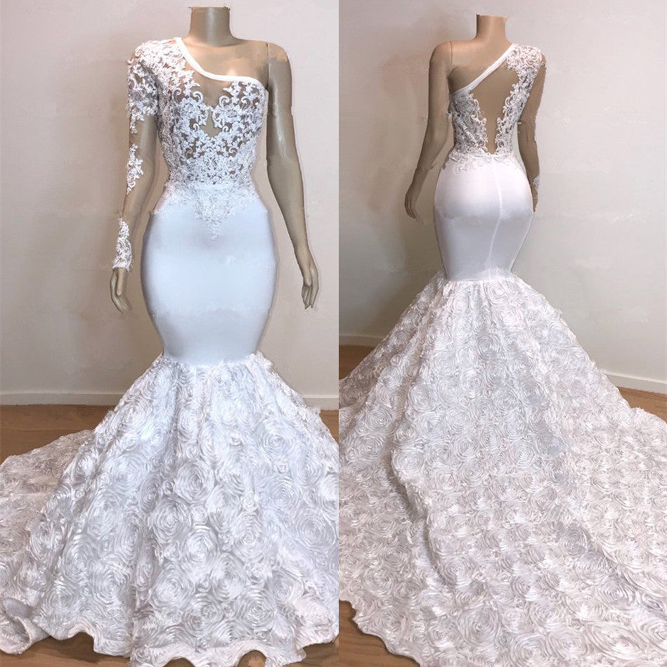BMbride Glamorous One Shoulder Long Sleeve White Prom Dress BMbride