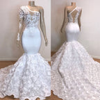 BMbride Glamorous One Shoulder Long Sleeve White Prom Dress BMbride