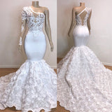 BMbride Glamorous One Shoulder Long Sleeve White Prom Dress BMbride