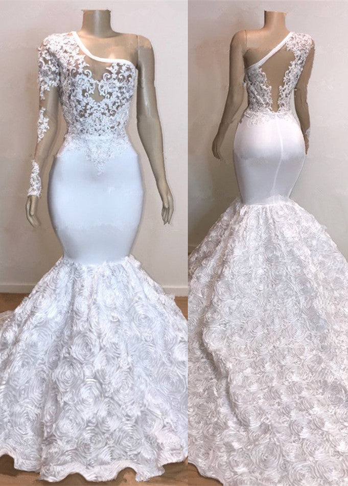 BMbride Glamorous One Shoulder Long Sleeve White Prom Dress BMbride