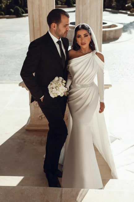 BMbride Glamorous one shoulder long sleeves mermaid satin Wedding dress with ruffles BMbride