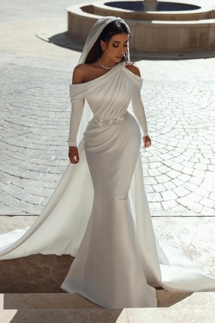 BMbride Glamorous one shoulder long sleeves mermaid satin Wedding dress with ruffles BMbride