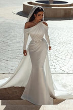 BMbride Glamorous one shoulder long sleeves mermaid satin Wedding dress with ruffles BMbride