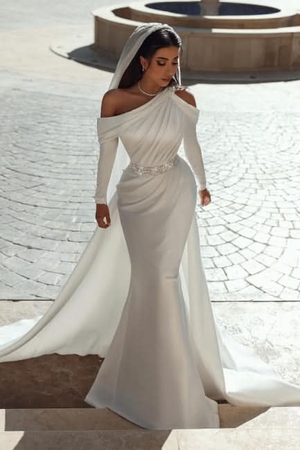 BMbride Glamorous one shoulder long sleeves mermaid satin Wedding dress with ruffles BMbride