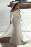 BMbride Glamorous one shoulder long sleeves mermaid satin Wedding dress with ruffles BMbride