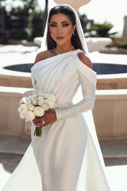 BMbride Glamorous one shoulder long sleeves mermaid satin Wedding dress with ruffles BMbride