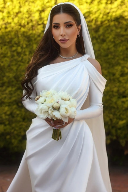 BMbride Glamorous one shoulder long sleeves mermaid satin Wedding dress with ruffles BMbride