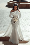 BMbride Glamorous one shoulder long sleeves mermaid satin Wedding dress with ruffles BMbride