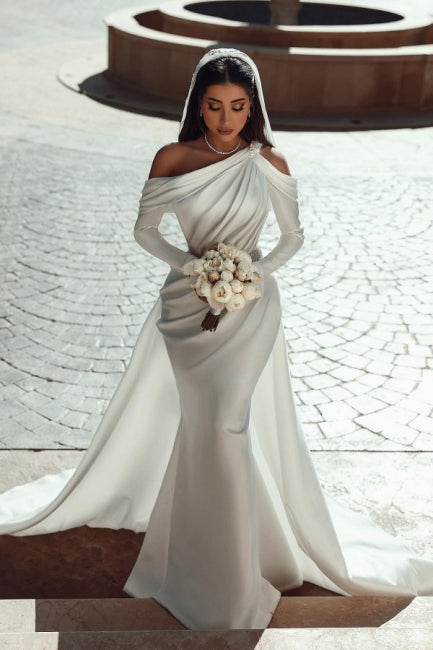 BMbride Glamorous one shoulder long sleeves mermaid satin Wedding dress with ruffles BMbride