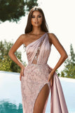 BMbride Glamorous Pink One Shoulder Lace Mermaid Prom Dress With Side Slit BMbride