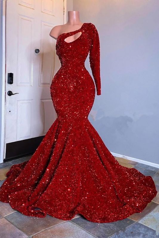 BMbride Glamorous Red Long Sleeves One-Shoulder Mermaid Prom Dress Sequins BMbride