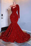 BMbride Glamorous Red Long Sleeves One-Shoulder Mermaid Prom Dress Sequins BMbride