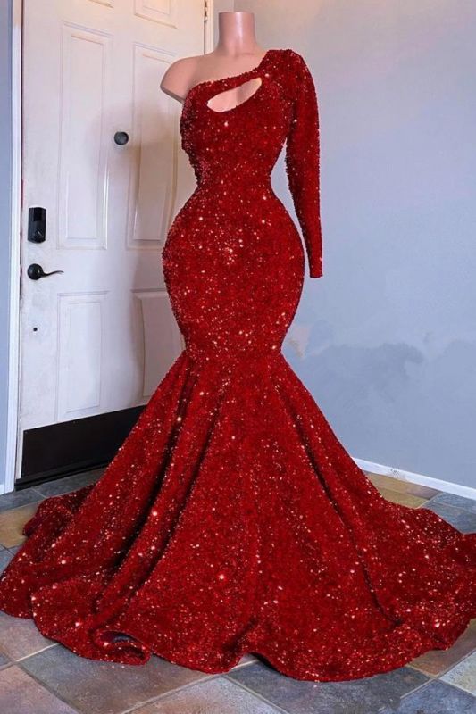 BMbride Glamorous Red Long Sleeves One-Shoulder Mermaid Prom Dress Sequins BMbride