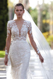 BMbride Glamorous V-neck Mermaid Appliques Long Sleeves Wedding Dress With Lace BMbride