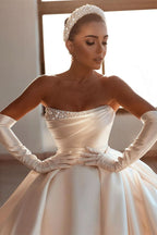 BMbride Glamorous White A-line Beading Satin Wedding Dress With Train BMbride