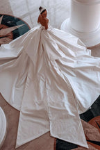 BMbride Glamorous White A-line Beading Satin Wedding Dress With Train BMbride