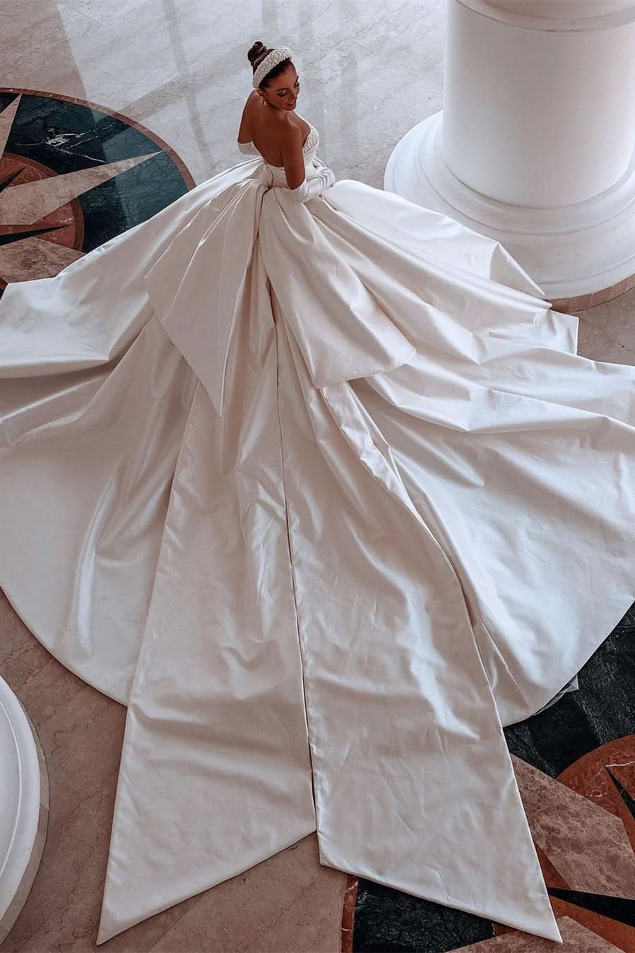 BMbride Glamorous White A-line Beading Satin Wedding Dress With Train BMbride