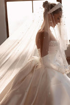 BMbride Glamorous White A-line Beading Satin Wedding Dress With Train BMbride