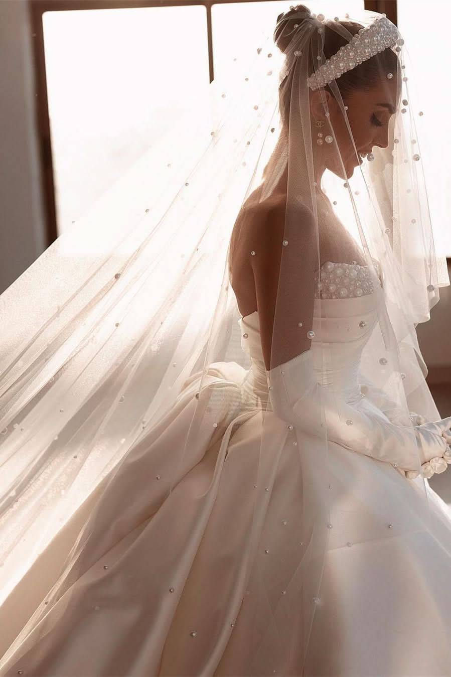 BMbride Glamorous White A-line Beading Satin Wedding Dress With Train BMbride
