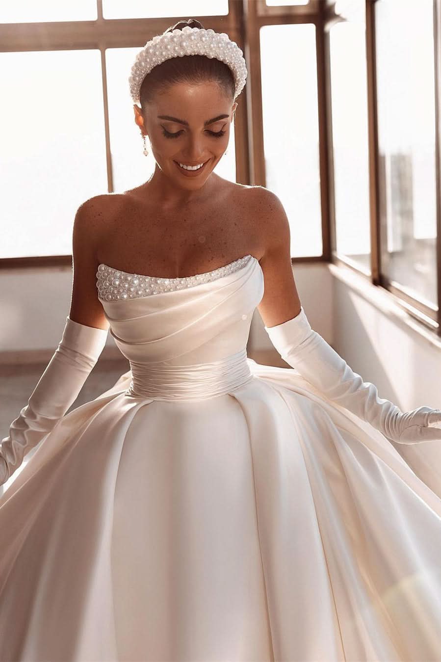 BMbride Glamorous White A-line Beading Satin Wedding Dress With Train BMbride