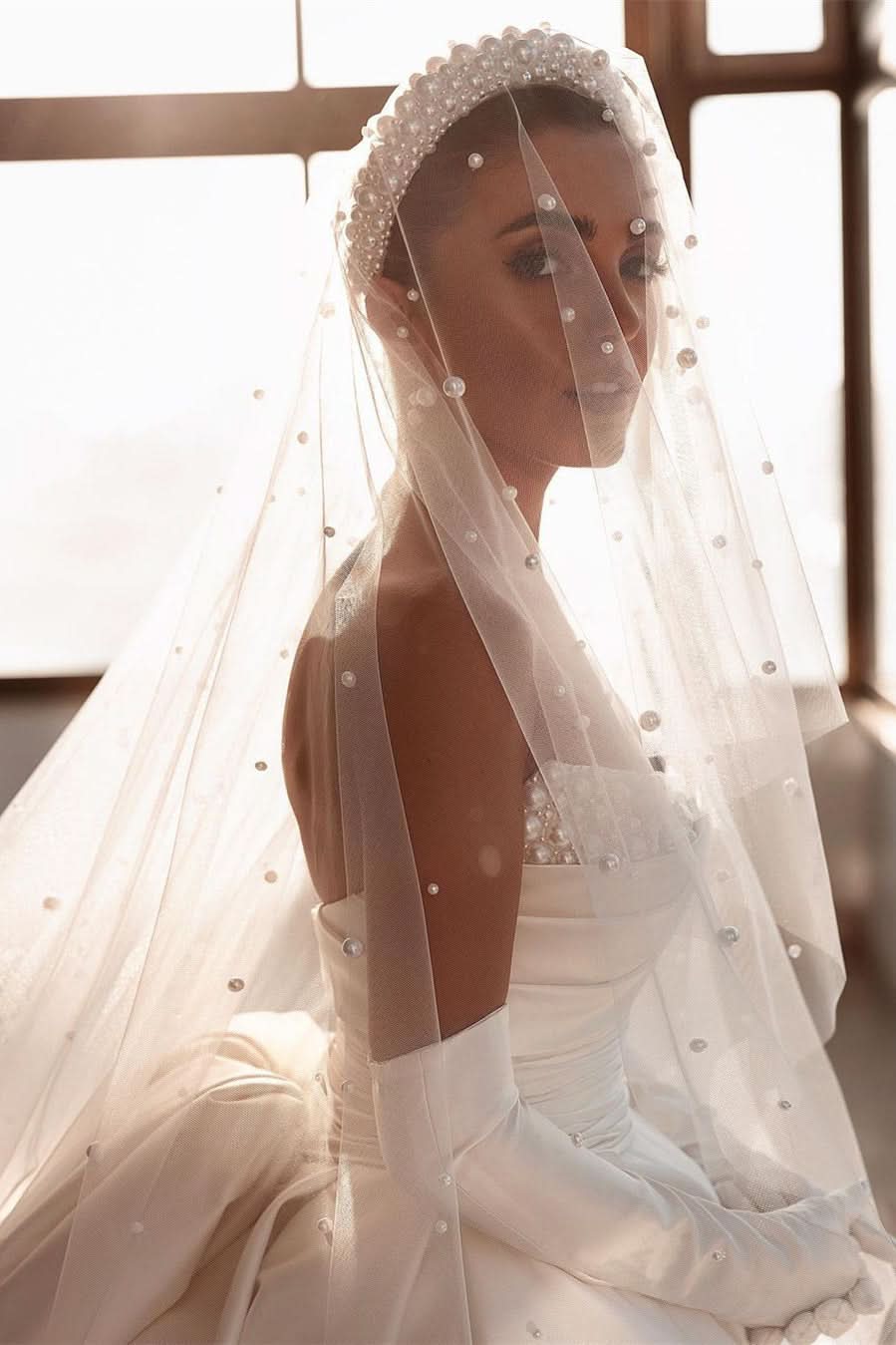 BMbride Glamorous White A-line Beading Satin Wedding Dress With Train BMbride