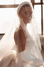 BMbride Glamorous White A-line Beading Satin Wedding Dress With Train BMbride