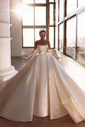 BMbride Glamorous White A-line Beading Satin Wedding Dress With Train BMbride